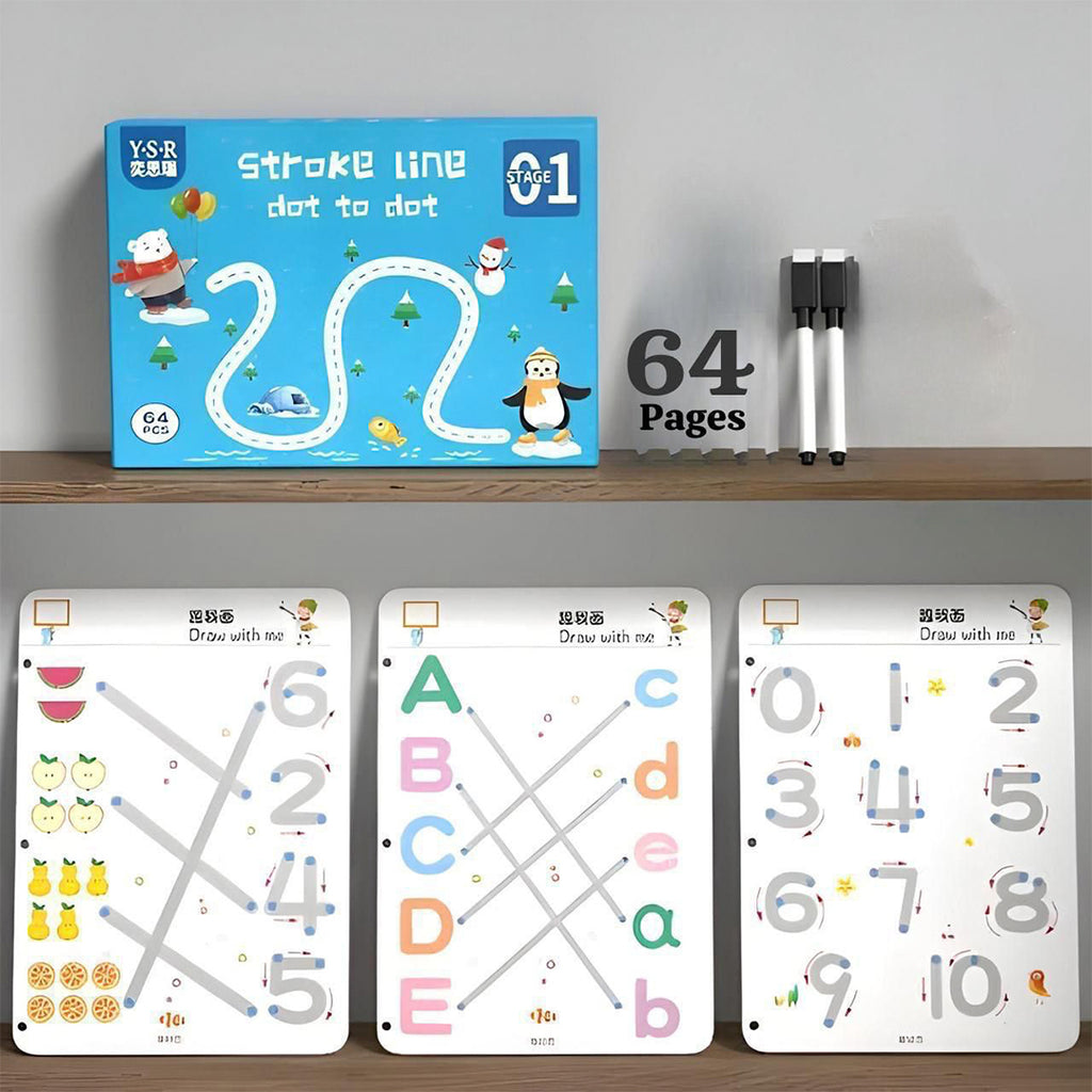 64Pages Kids Reusable Tracing Work Book with 2 Pens