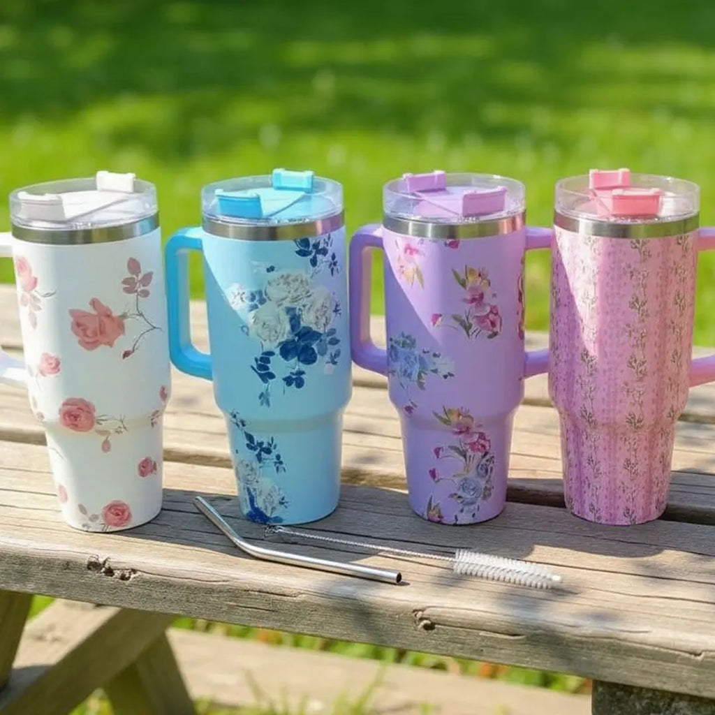 1200ml 40oz Large Size Stainless Steel Floral Print Tumbler with Steel Straw and Straw Steel Cleaning Brush bareera bazaar