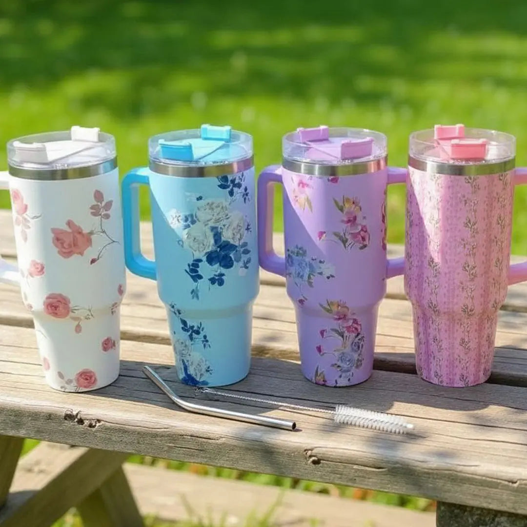 1200ml 40oz Large Size Stainless Steel Floral Print Tumbler with Steel Straw and Straw Steel Cleaning Brush bareera bazaar