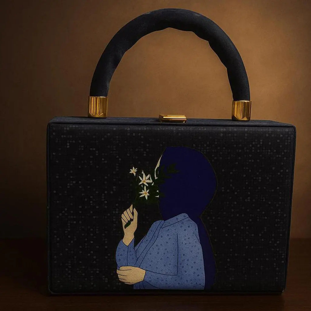 girls cute hijab printed crossbody with long chain bareera bazaar