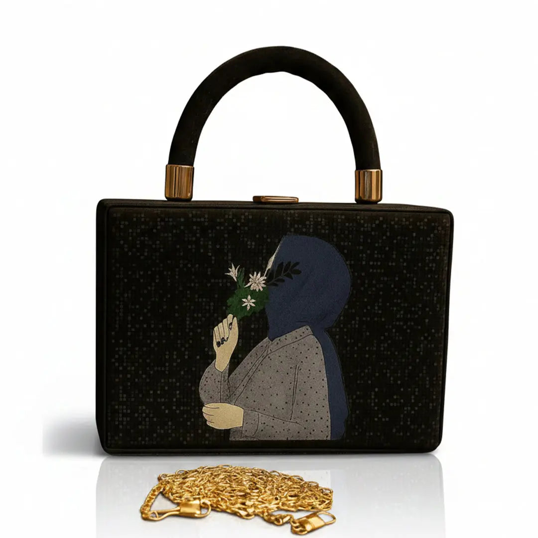 girls cute hijab printed crossbody with long chain bareera bazaar