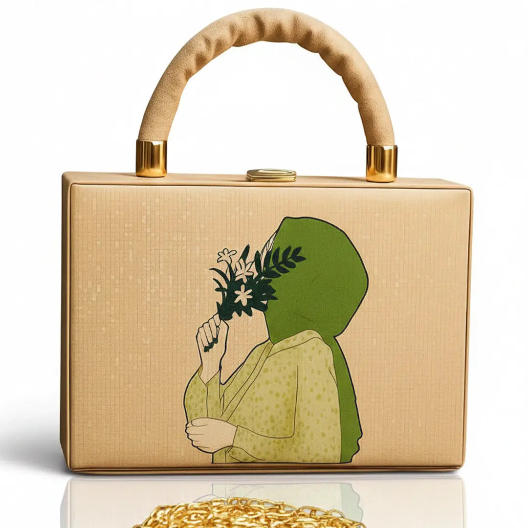 girls cute hijab printed crossbody with long chain bareera bazaar