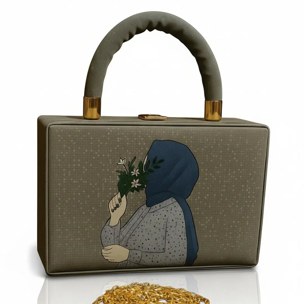 girls cute hijab printed crossbody with long chain bareera bazaar