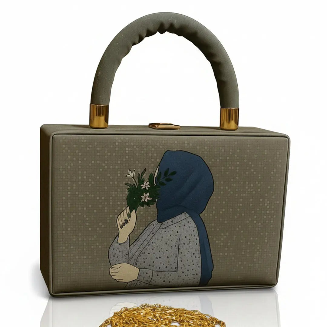 girls cute hijab printed crossbody with long chain bareera bazaar