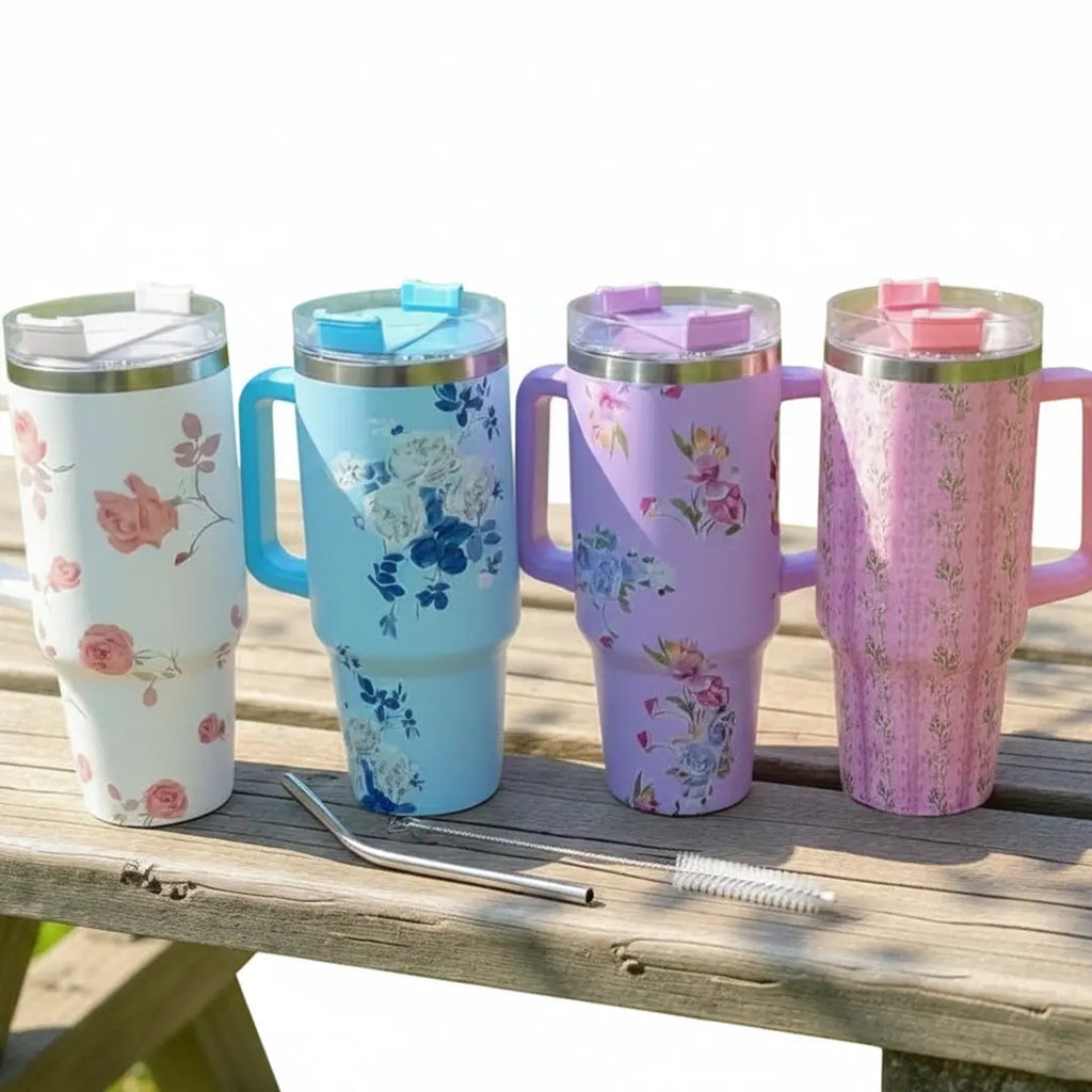1200ml 40oz Large Size Stainless Steel Floral Print Tumbler with Steel Straw and Straw Steel Cleaning Brush bareera bazaar