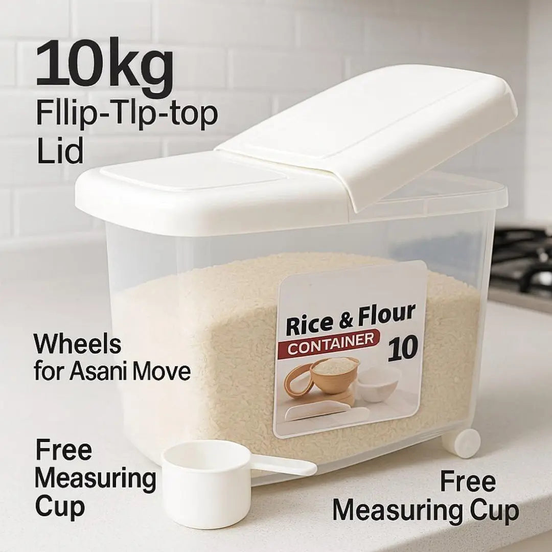 Rice and Flour FlipTop LID Bucket with Tyres with Free 4pcs Measuring Spoons set bareera bazaar
