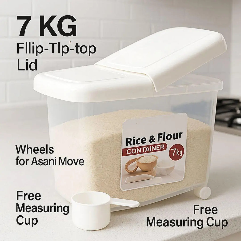 Rice and Flour FlipTop LID Bucket with Tyres with Free 4pcs Measuring Spoons set bareera bazaar