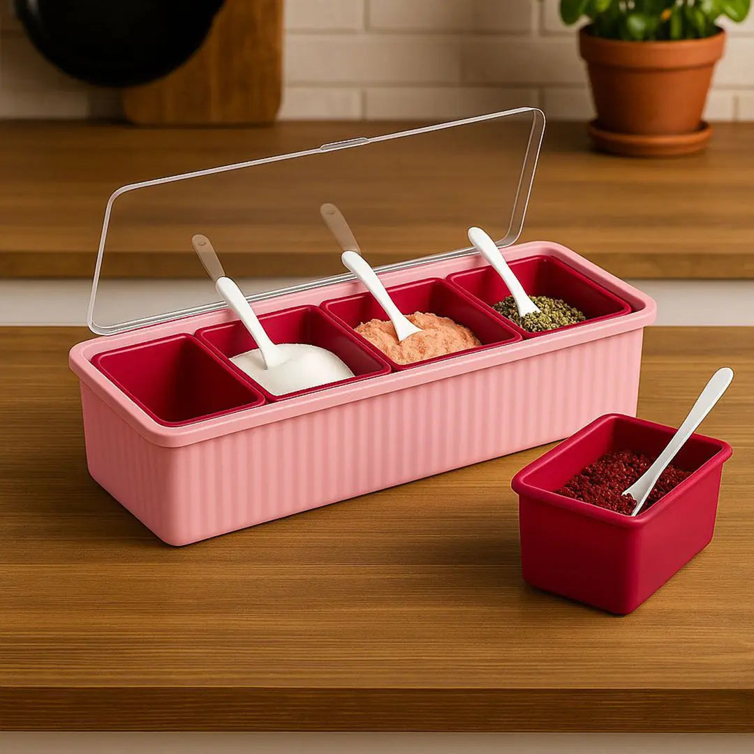 4pcs Detachable Spice/Masala Rack/Box with Spoon and Transparent LID Cover bareera bazaar