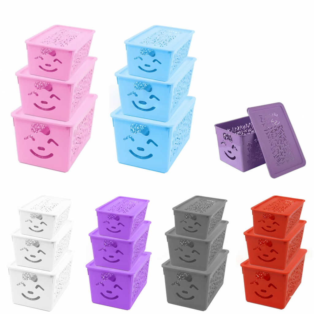 Set of 3pcs Smileys Basket with ABC Alphabets and Plastic Cover/Lids