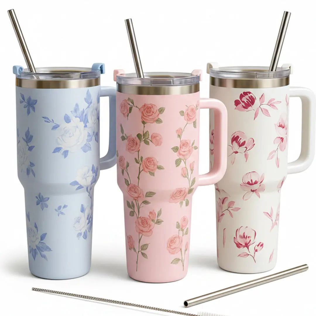 1200ml 40oz Large Size Stainless Steel Floral Print Tumbler with Steel Straw and Straw Steel Cleaning Brush bareera bazaar
