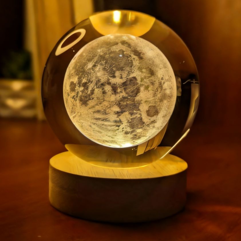 Glass Material Wooden Base Moon Ball LED Lamp